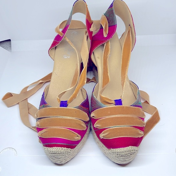 Carmen Saiz 9 made in Spain Euro 40 wedge Silk shoe leather Velvet ankle ribbon - Picture 14 of 16